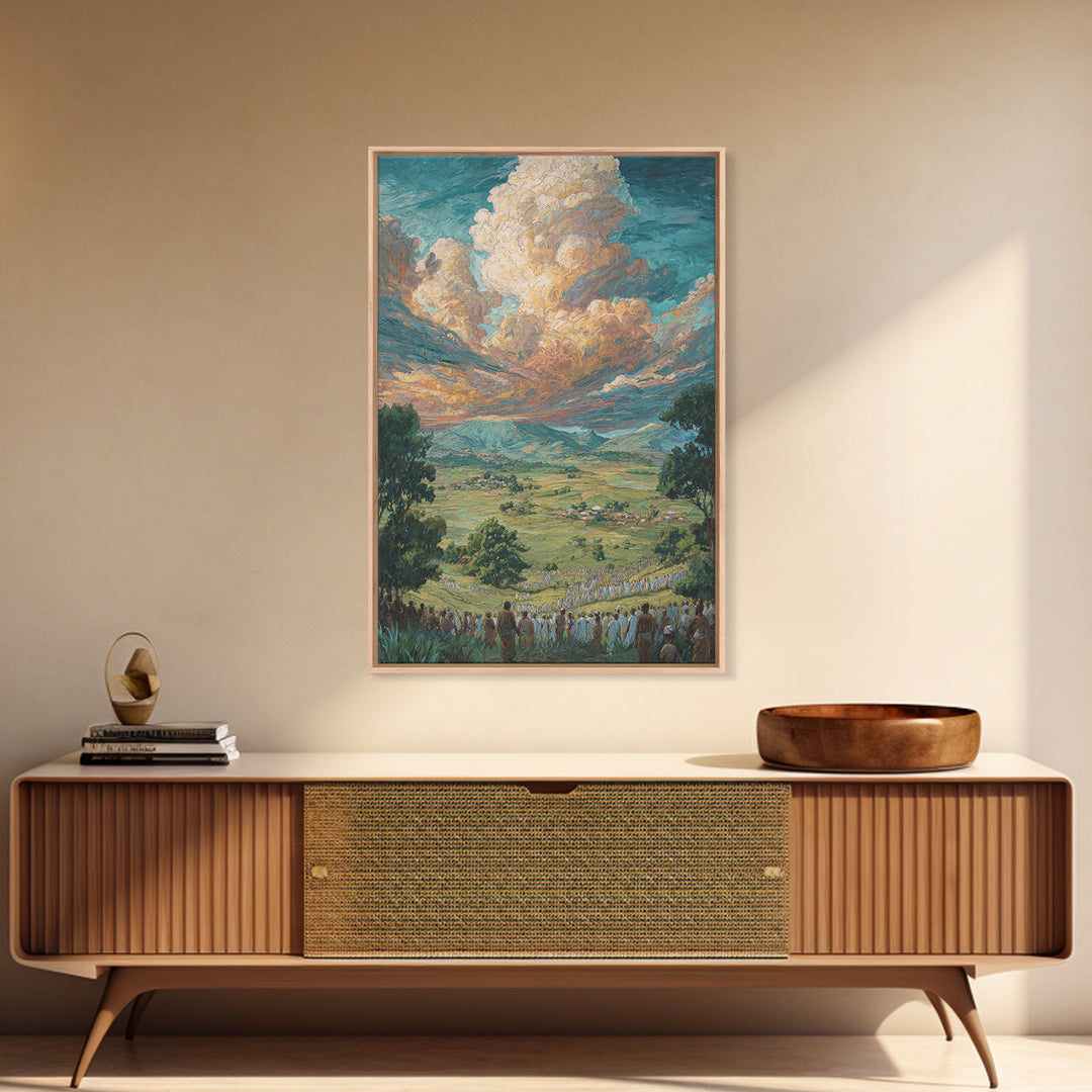 African Valley Procession Under Radiant Clouds Canvas Print, Panoramic Landscape Wall Decor, Safari Art, Cultural Gift For Home
