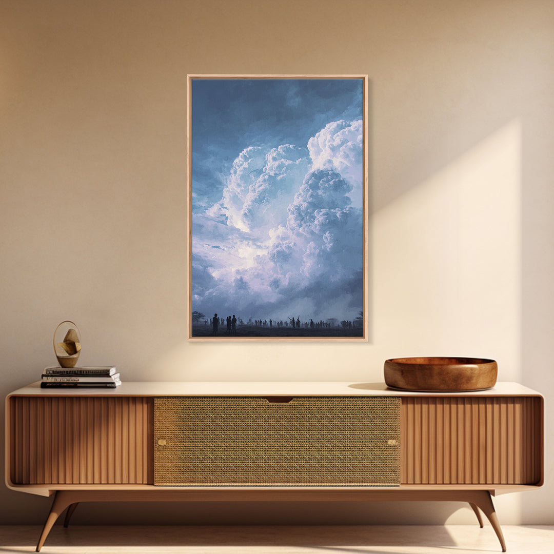 Towering White Storm Clouds Over African Horizon Framed Canvas Print, Dramatic Blue Wall Decor, Spiritual Afrocentric Art