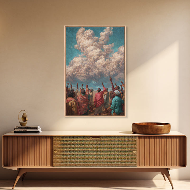 African Gathering Pointing To Rose Clouds Canvas Print, Colorful Cultural Wall Decor, Afrocentric Home Art, Unique Gift Idea