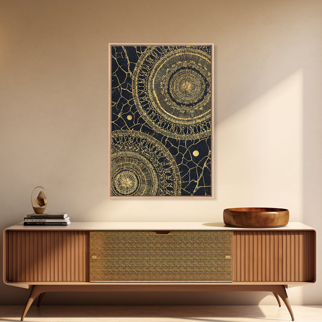 Black And Gold Tribal Mandala Pattern Framed Canvas Print, Geometric African Wall Decor, Abstract Ethnic Art, Luxury Gift