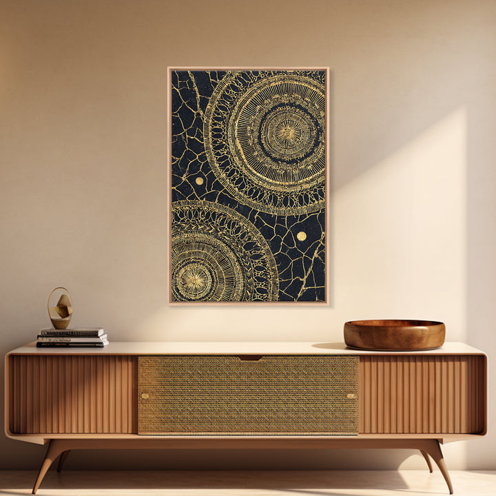 Black And Gold Tribal Mandala Pattern Framed Canvas Print, Geometric African Wall Decor, Abstract Ethnic Art, Luxury Gift