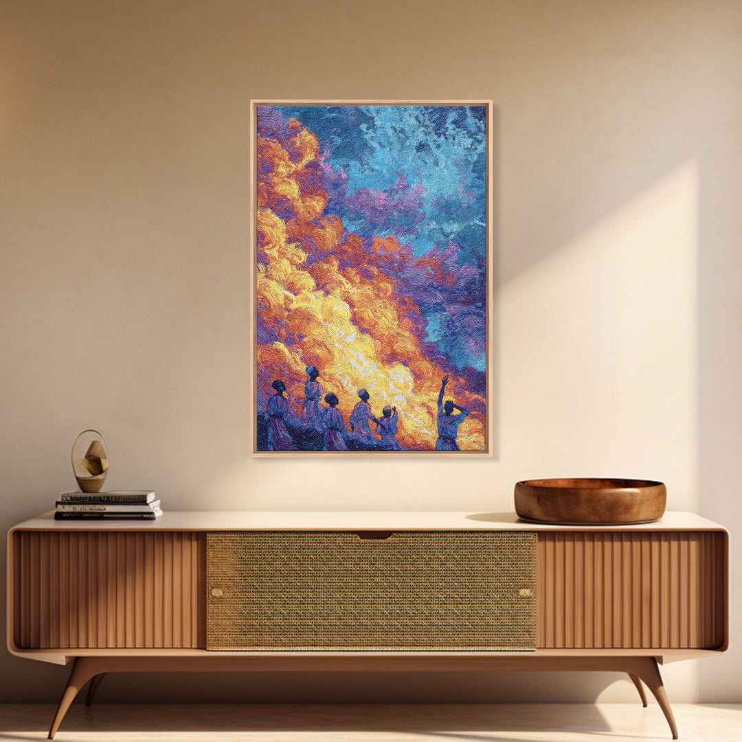 Figures Under Fiery Orange And Blue Sky Canvas Print, African Wall Art, Black People Art, Cultural Home Decor Gift, Statement Wall Decor