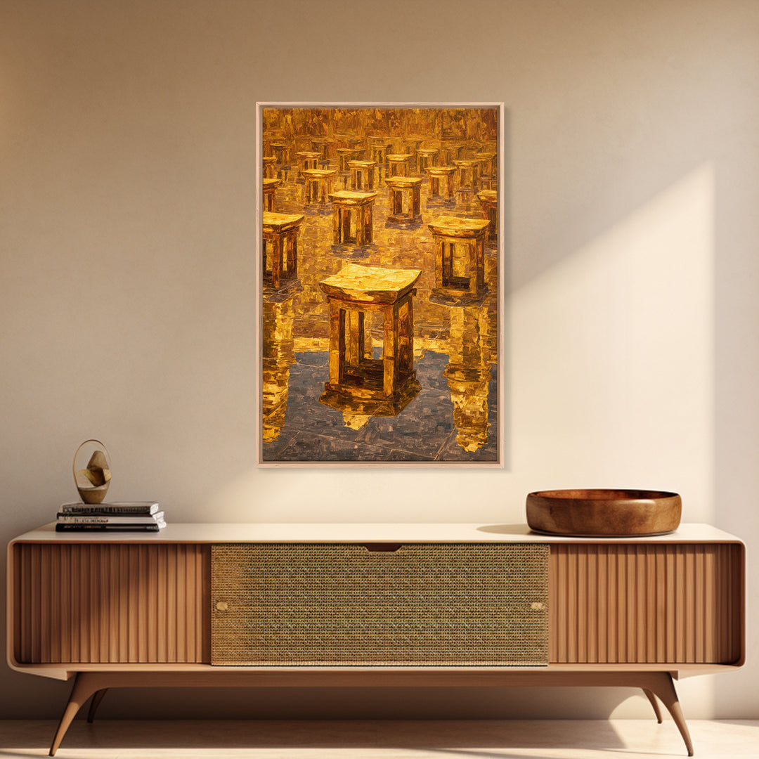 Golden Ancestral Stools In Reflective Hall Framed Canvas Print, African Decor, Cultural Wall Art, Warm Ochre Home Decor Gift