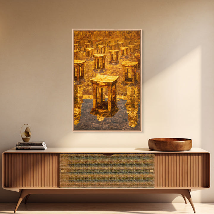 Golden Ancestral Stools In Reflective Hall Framed Canvas Print, African Decor, Cultural Wall Art, Warm Ochre Home Decor Gift