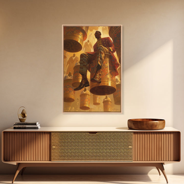 Afrofuturist Man Seated On Floating Drums Canvas Print, African Ankara Art, Regal Black Culture Wall Decor, Bold Gift For Him