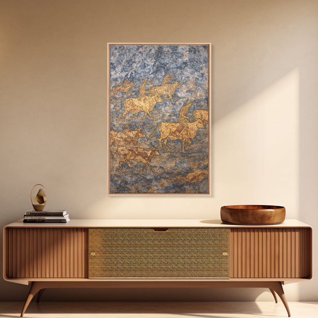 Golden Cattle Herders Etched On Blue Stone Wall Art, African Safari Art, Pastoral Tribal Canvas, Cultural Home Decor, Unique Gift
