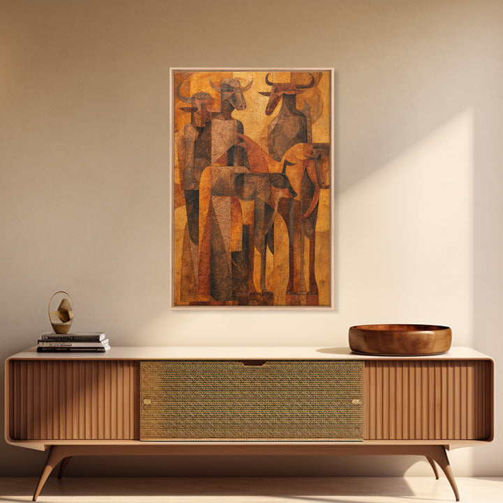 Cubist Cattle Spirits In Burnt Orange Canvas Print, African Abstract Art, Tribal Bull Wall Decor, Modern Gallery Gift For Home
