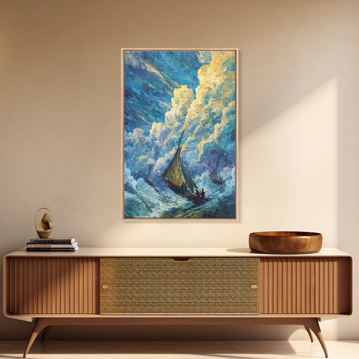 Stormy Sailboat Seascape Framed Canvas Print, Beach Art, Blue Ocean Wall Decor, Coastal Painting, Dramatic Living Room Art