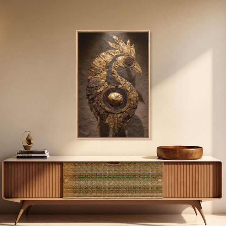 Golden Tribal Bird Sculpture Wall Art, African Inspired Decor, Black And Gold Art, Textured Art Print, Unique Home Decor Gift