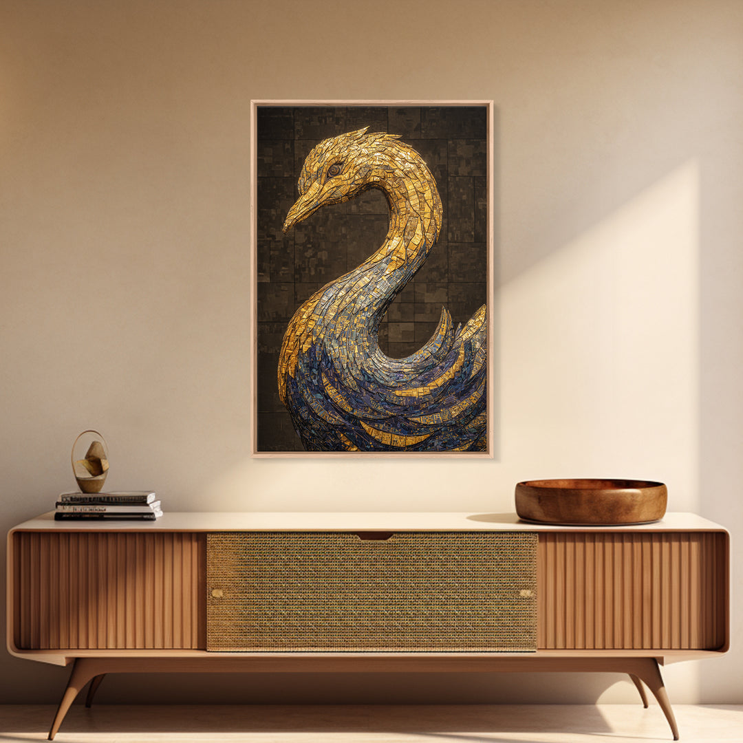 Blue Gold Mosaic Swan Framed Canvas Print, Black And Gold Art, Elegant Wall Decor, Contemporary Canvas, Statement Home Decor