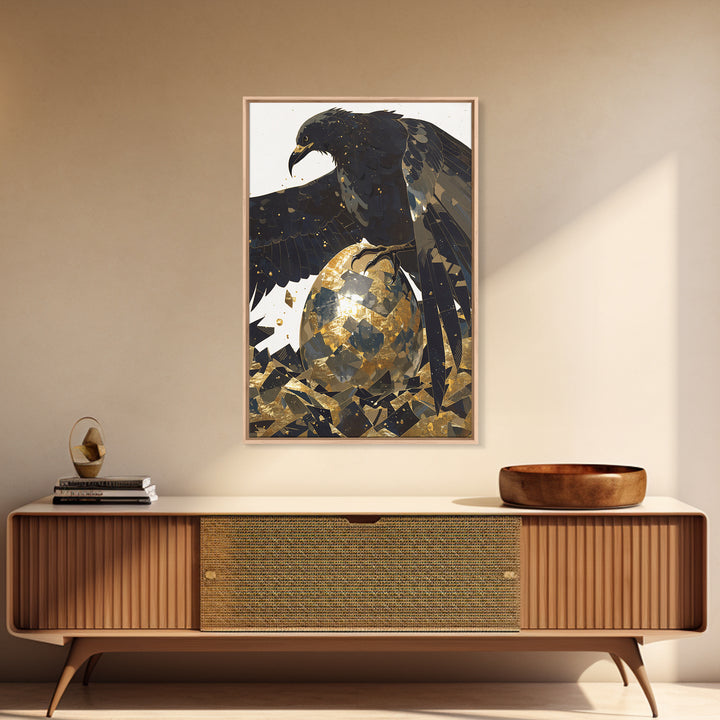 Black Eagle Golden Egg Canvas Print, Black And Gold Art, Animal Wall Decor, Bold Bird Artwork, Contemporary Living Room Art