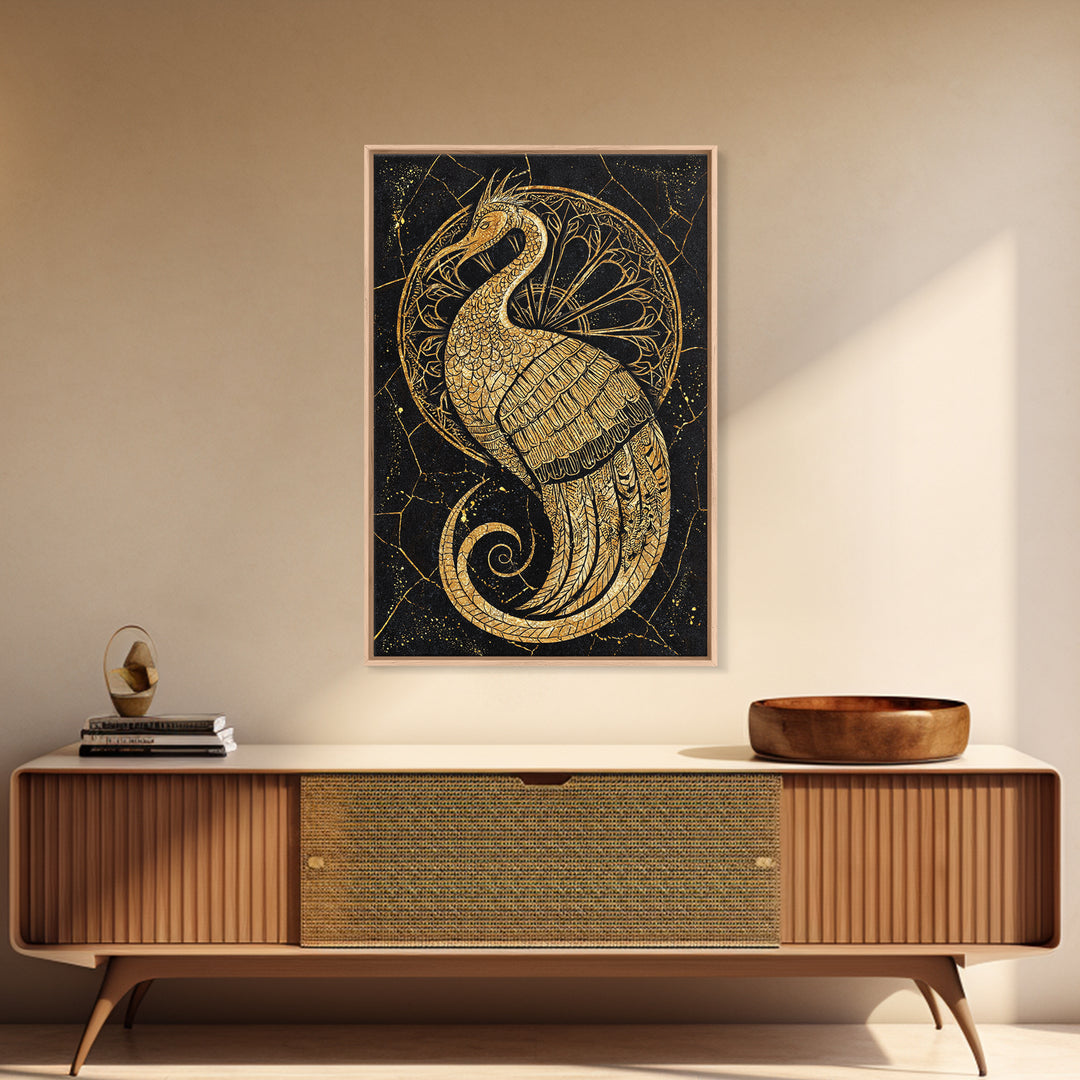 Ornate Golden Peacock Wall Art, Black And Gold Art, African Inspired Wall Decor, Mystical Animal Art, Luxury Canvas Print Gift