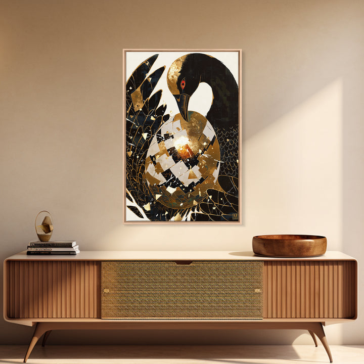 Black Crane With Golden Egg Framed Canvas Print, Black And Gold Art, Modern Bird Wall Decor, Elegant Home Decor, Unique Gift