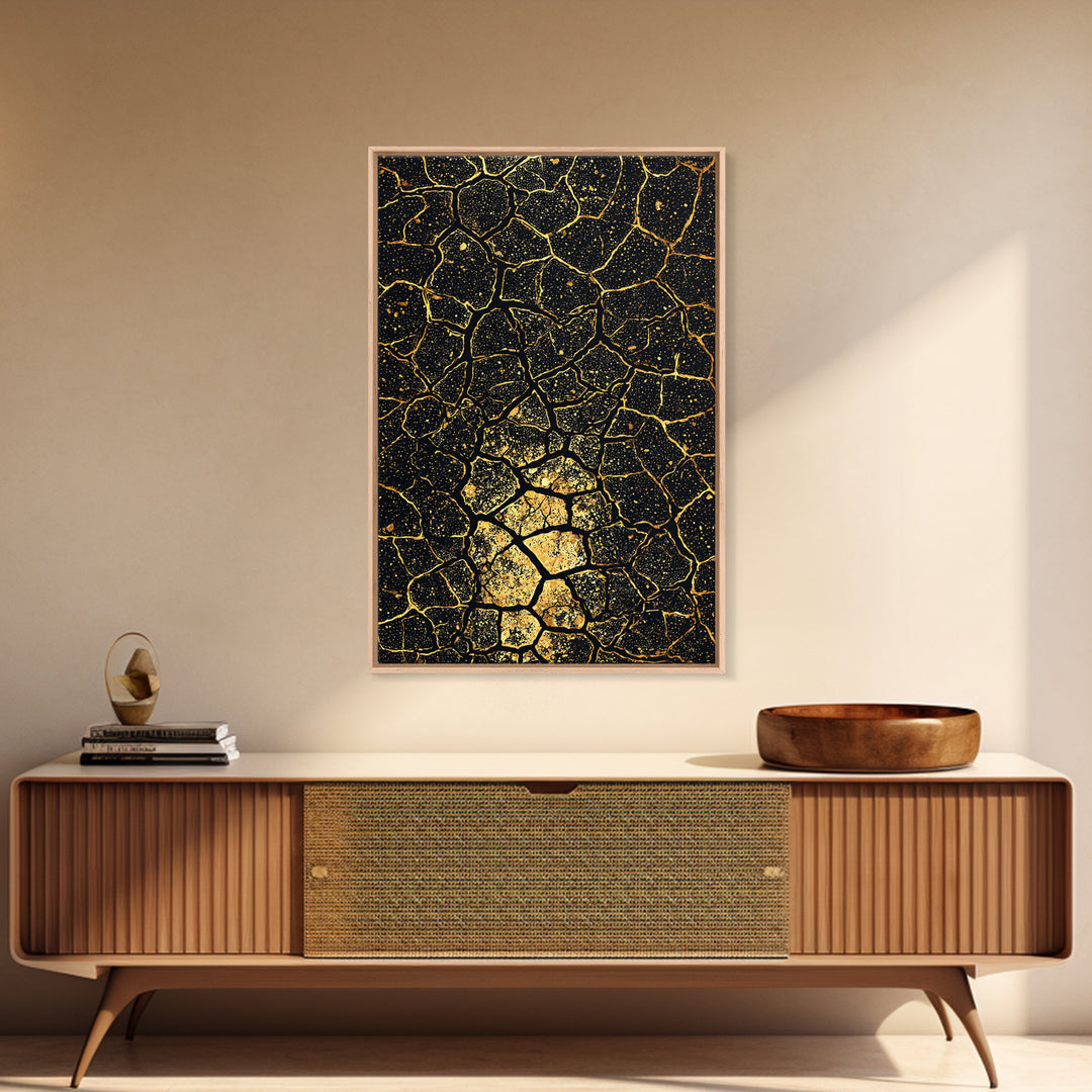 Black And Gold Crackle Abstract Wall Art, African Inspired Geometric Canvas Print, Luxury Art Decor, Modern Statement Piece