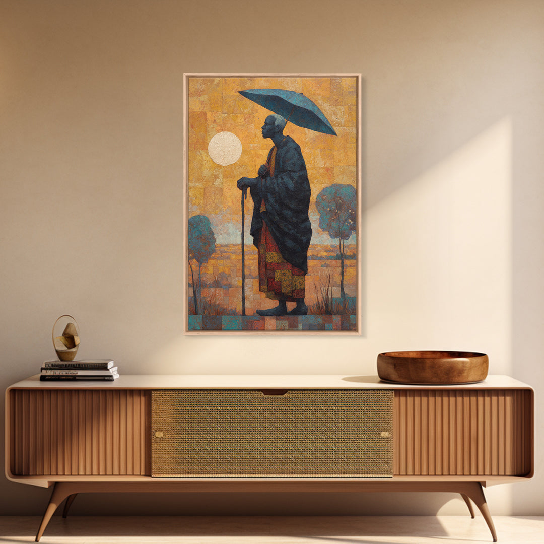Elder With Blue Umbrella Wall Art, African Portrait Canvas Print, Burnt Orange Art, Afrocentric Decor, Meaningful Gift For Him