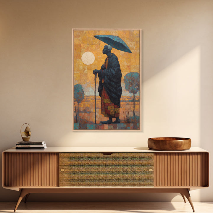 Elder With Blue Umbrella Wall Art, African Portrait Canvas Print, Burnt Orange Art, Afrocentric Decor, Meaningful Gift For Him