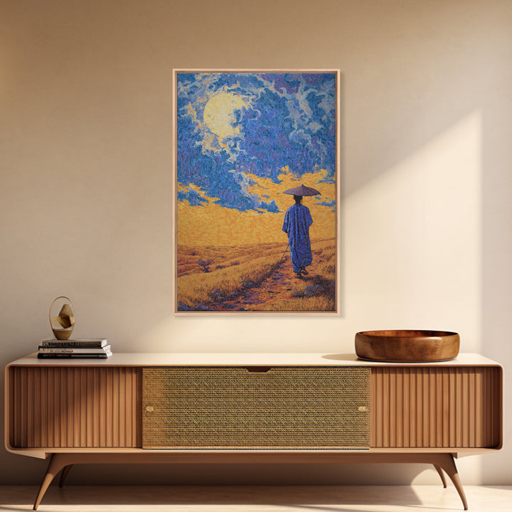 Blue Robed Traveler Under Moon Canvas Print, African Landscape Wall Art, Dreamy Wall Art, Cultural Home Decor, Gift For Him