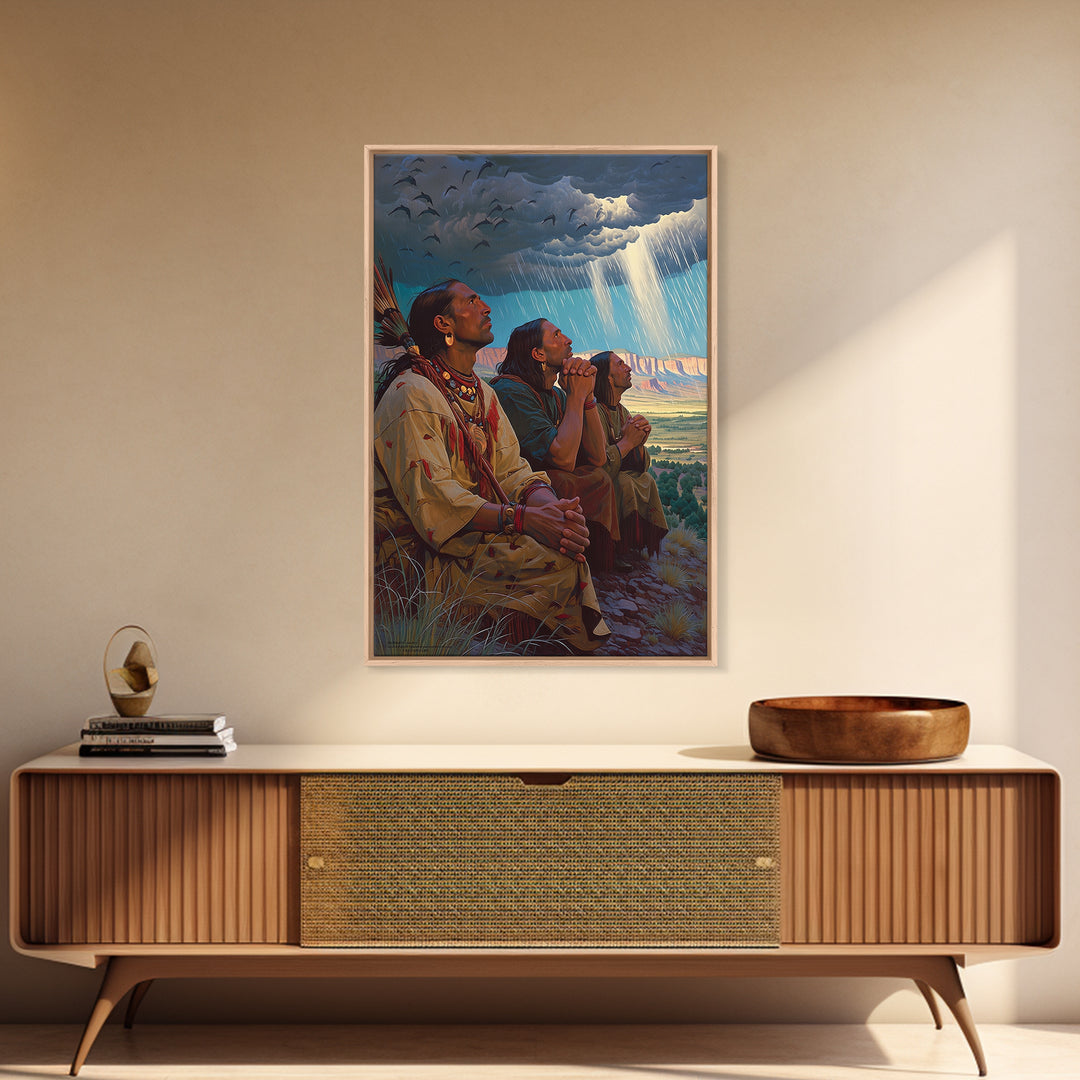 Tribal Elders Praying Under Storm Clouds Wall Art, African Warrior Art Print, Cultural Landscape, Spiritual Home Decor, Gift