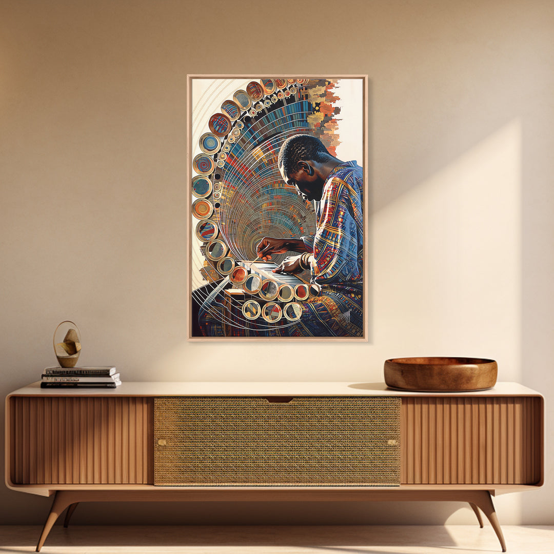 African Artist Weaving Geometric Circle Patterns Canvas Print, Modern African Art, Cultural Wall Decor, Creative Studio Gift