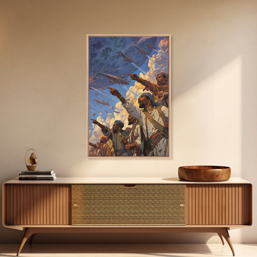 Afrofuturist Warriors Pointing At Sky Ships Wall Art, African Warrior Art, Modern African Art Print, Bold Cultural Decor