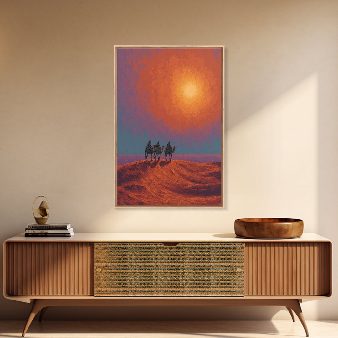 Camel Caravan Crossing Red Desert Dunes Wall Art, African Safari Art Print, Burnt Orange Art, Dreamy Landscape Decor, Gift