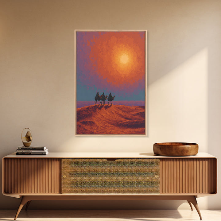 Camel Caravan Crossing Red Desert Dunes Wall Art, African Safari Art Print, Burnt Orange Art, Dreamy Landscape Decor, Gift