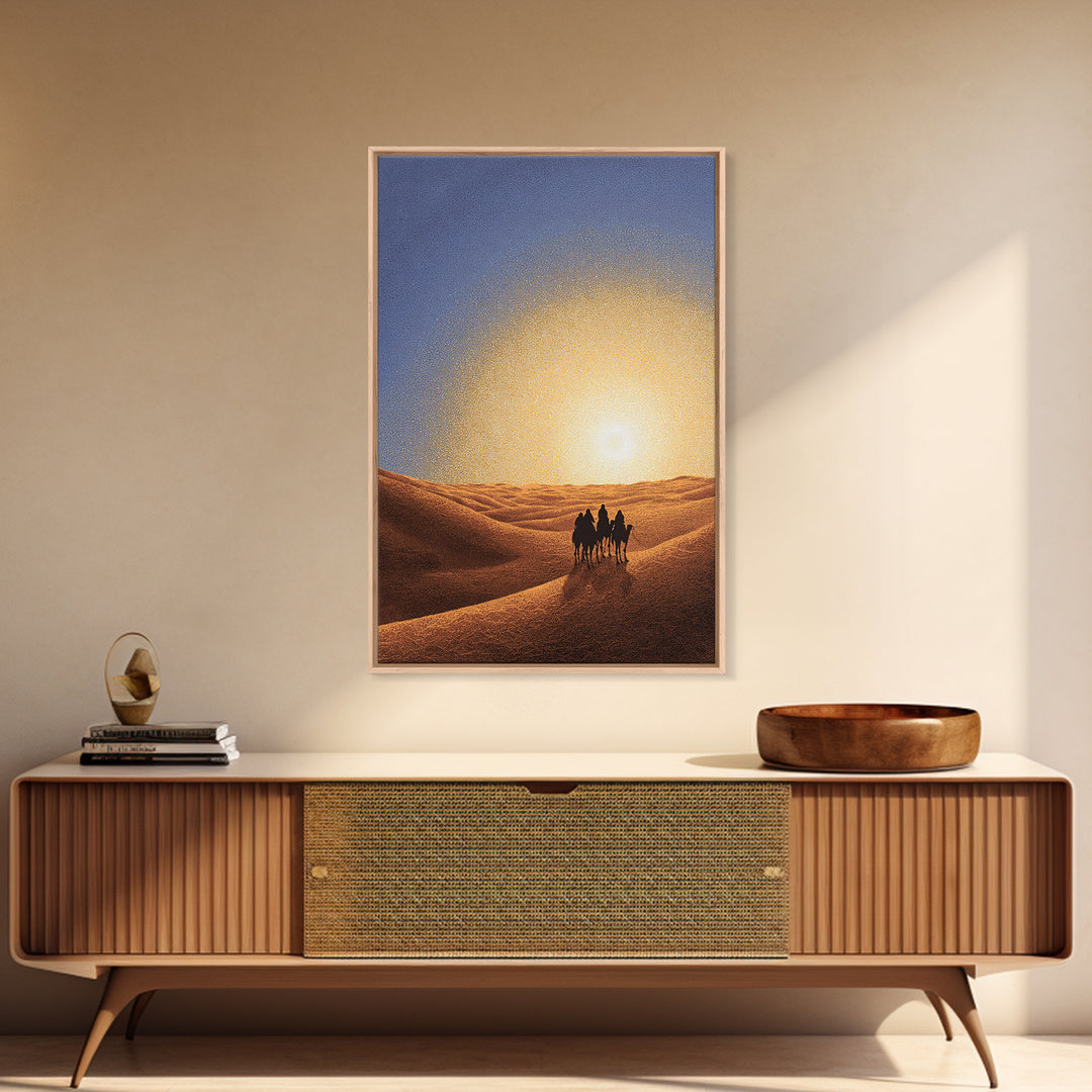 Camel Caravan In Golden Sand Dunes Canvas Print, African Safari Art, Desert Landscape Wall Decor, Warm Sunset Home Decor