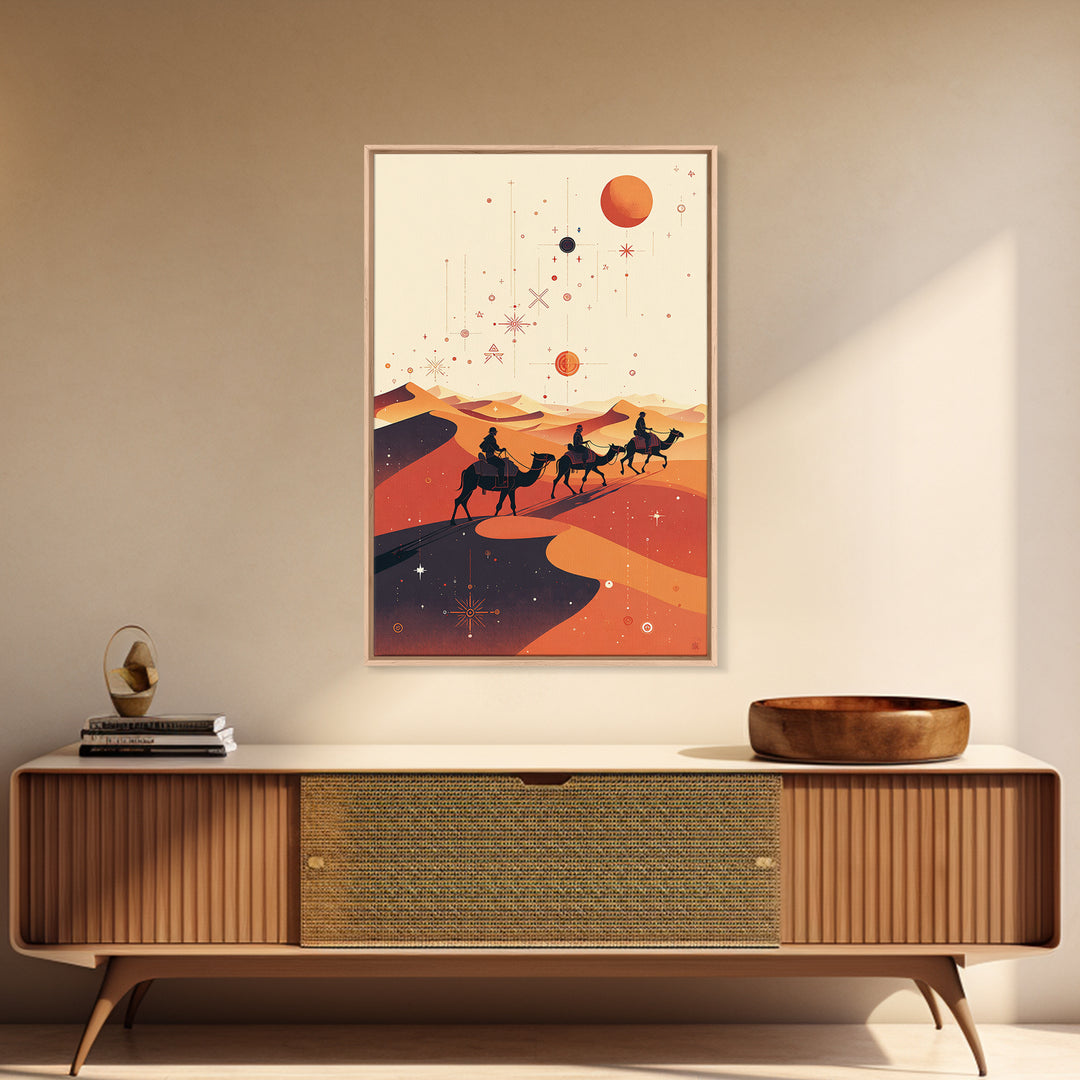 Desert Camel Caravan With Planets Canvas Print, African Travel Art, Boho Wall Decor, Orange Dunes, Celestial Safari Gift