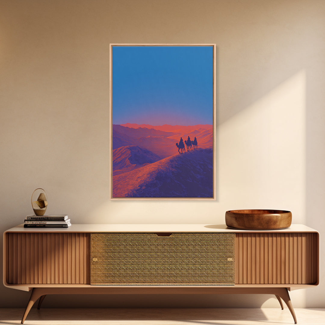 Camel Riders On Blue Desert Ridge Wall Art, African Landscape Print, Modern Safari Art, Sunset Mountain Unique Home Decor Gift