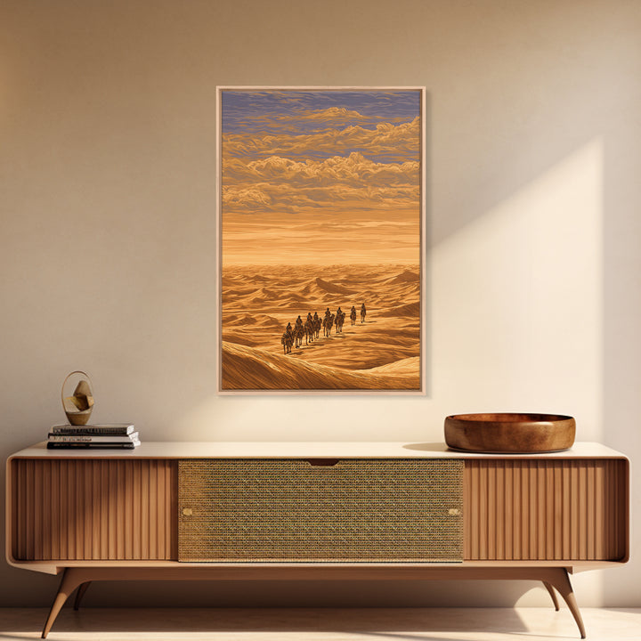 Golden Desert Caravan Across Dunes Canvas Print, African Safari Art, Sahara Landscape, Boho Wall Decor, Living Room Decor