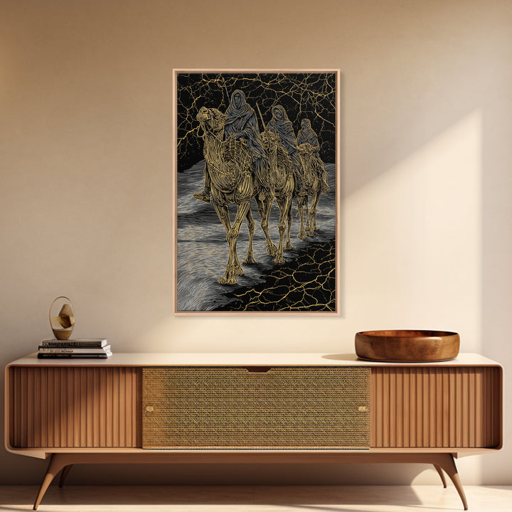 Gold Line Camel Riders On Black Desert Wall Art, African Travel, Tribal Decor, Sahara Poster, Bold Boho Home Decor, Statement Piece