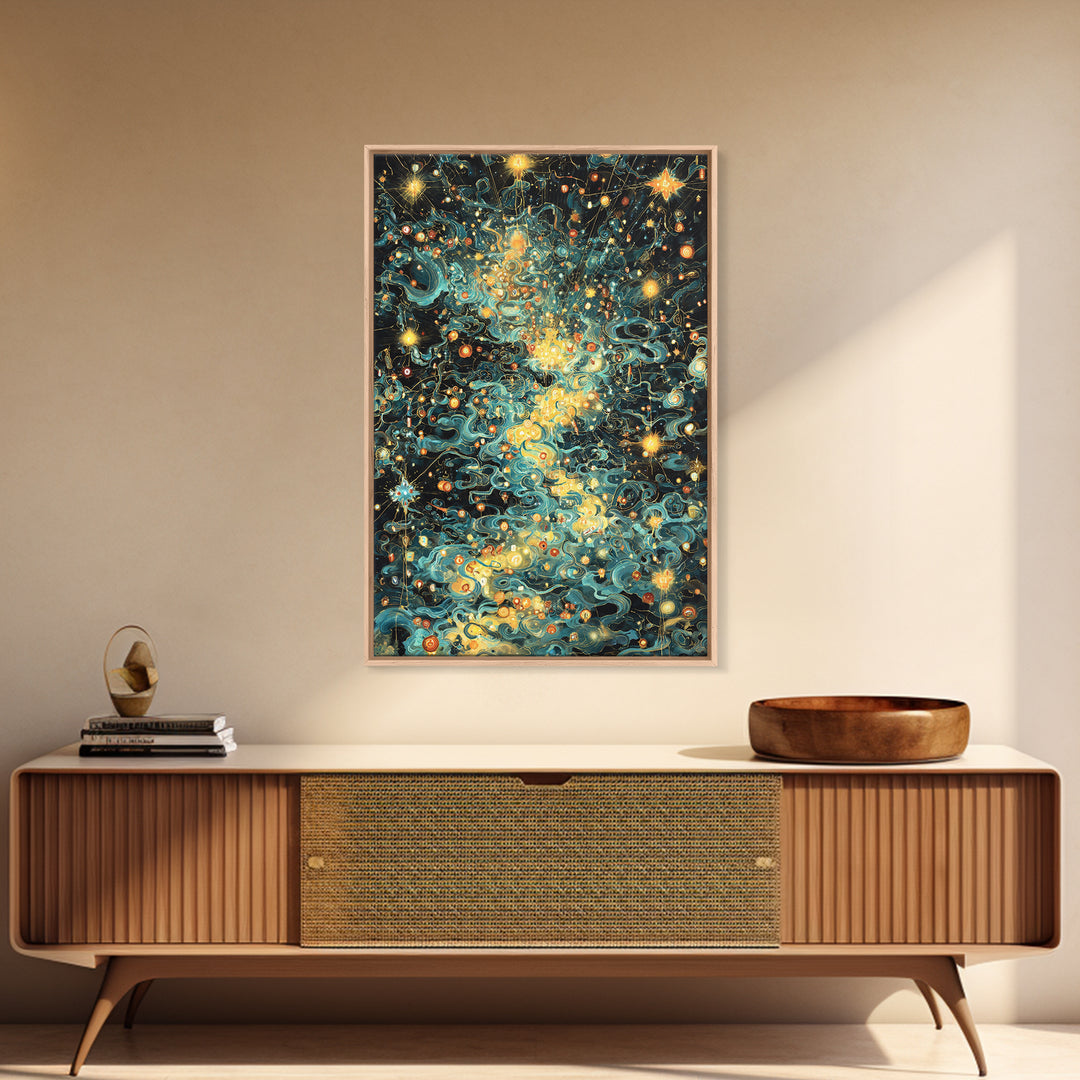 Glowing Celestial Swirls With Stars Canvas Print, Abstract Art, Teal And Gold Wall Decor, Dreamy Modern Home Decor, Gift For Her