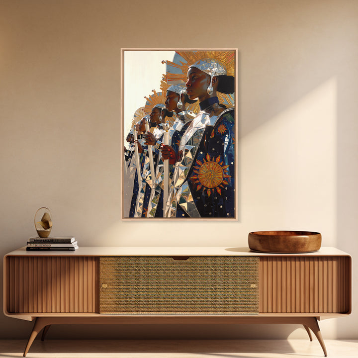 Afrofuturist Women In Silver Sun Armor Canvas Print, Black Women Art, African Queen, Empowered Women, Luxury Wall Decor Gift