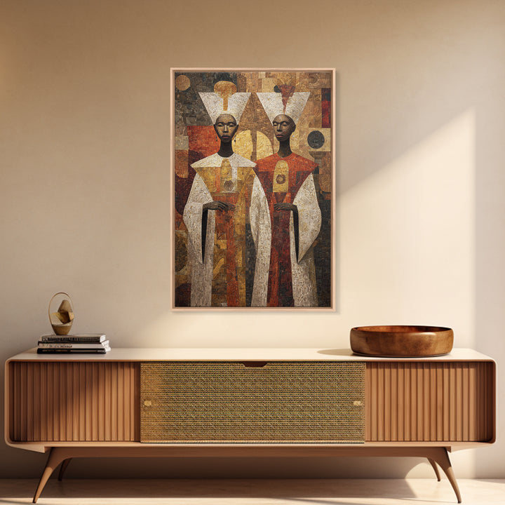 Geometric African Queens In Earth Tones Wall Art, African Abstract, Black Culture Art, Tribal Queen Art, Elegant Home Decor