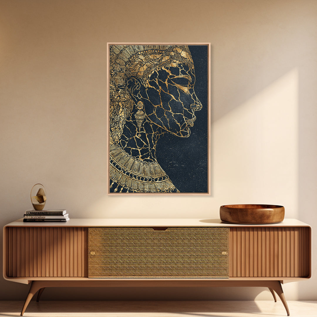 Gold Cracked African Queen Profile Wall Art, Black Woman Portrait, Afrocentric Decor, Luxury Canvas, Black And Gold Design
