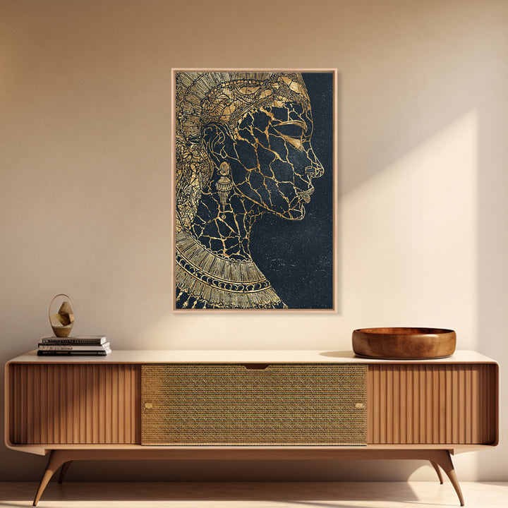 Gold Cracked African Queen Profile Wall Art, Black Woman Portrait, Afrocentric Decor, Luxury Canvas, Black And Gold Design