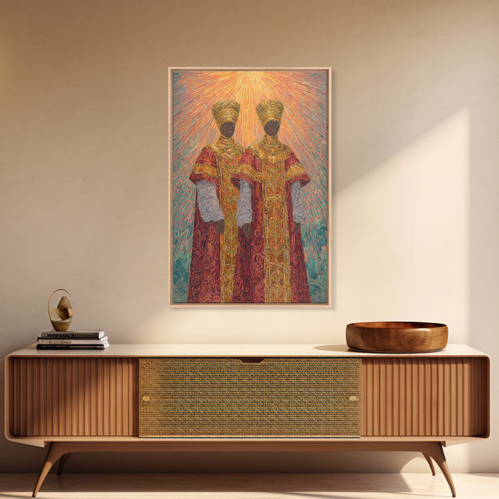 Two Radiant African Queens Canvas Print, Red Gold Royal Portrait, Afrocentric Wall Decor, African Women Art, Gift For Her