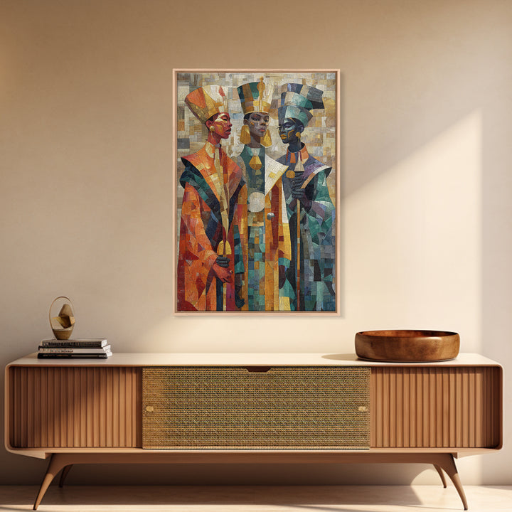 Three Regal African Figures Framed Canvas Print, Cubist Mosaic Portrait, Tribal Queen Art, Cultural Wall Decor, Bold Home Decor