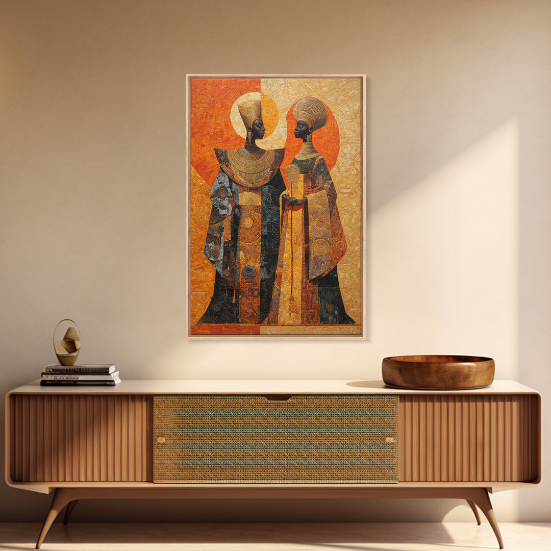 Orange Gold African Queen Pair Wall Art, Elegant Halo Portrait, Modern African Art, Black Woman Canvas, Earth Tone Decor