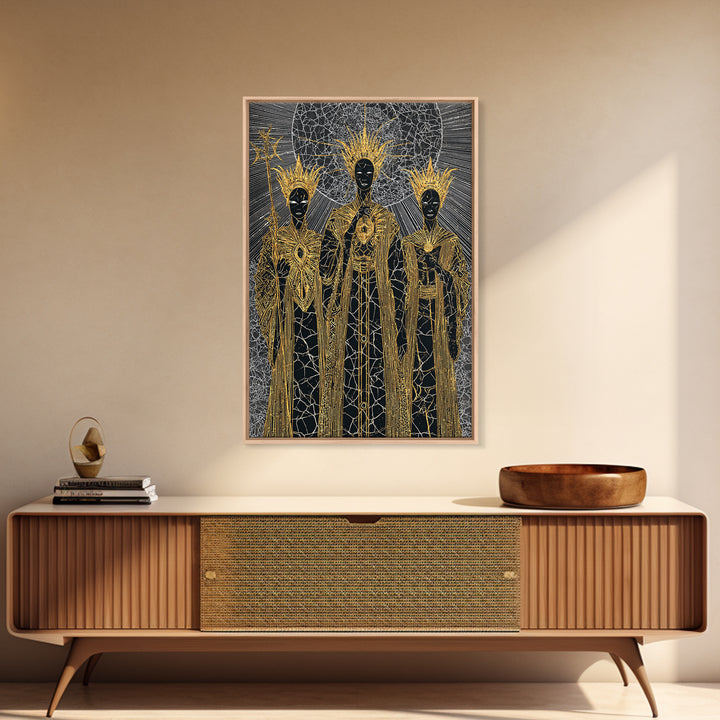 Three Black Gold Priestesses Canvas Print, Mystical African Portrait, Spiritual Wall Art, Goddess Artwork, Afrocentric Decor