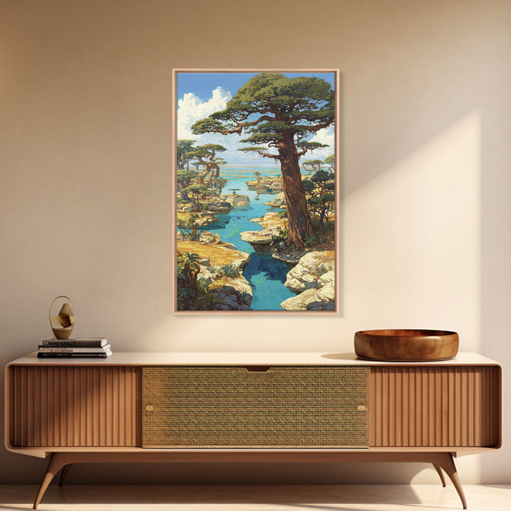 Baobab Trees By Turquoise Water Canvas Print, African Landscape, Serengeti Wall Art, Nature Scene Art, Safari Decor Gift