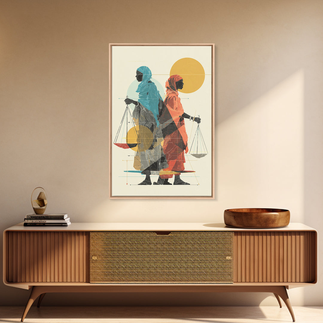 Two Veiled African Women With Scales Canvas Print, Modern Justice Portrait, Afrocentric Wall Decor, Feminine Wall Art Gift
