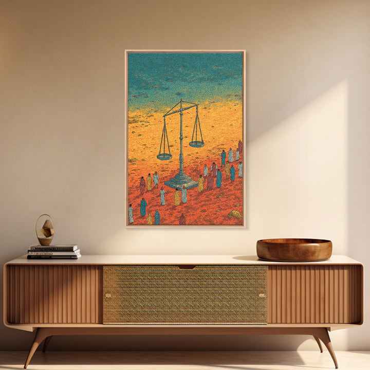 Desert Justice Scales With Robed Figures Wall Art, African Culture Art Print, Afrocentric Decor, Statement Living Room Decor