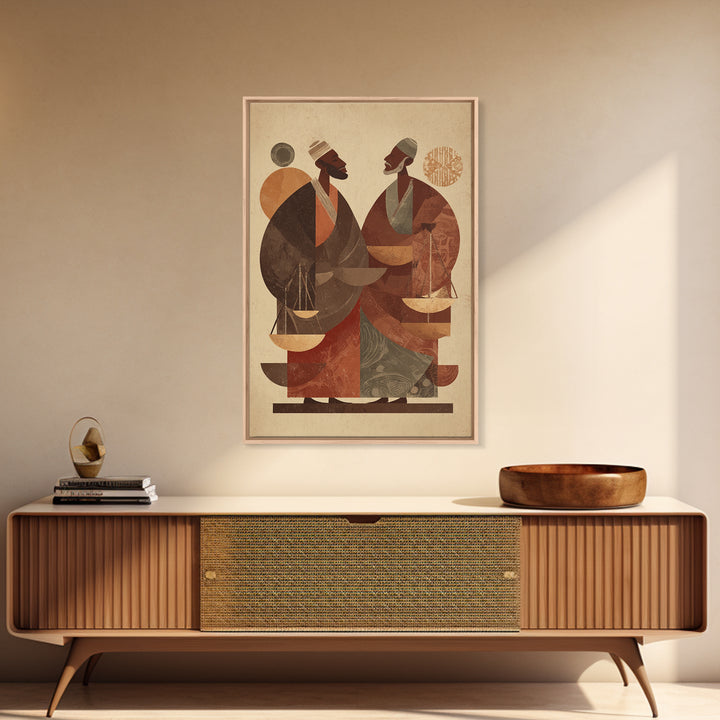 Two African Men With Balance Scales Framed Canvas Print, African Wall Art, Cultural Art Print, Afrocentric Home Decor Gift