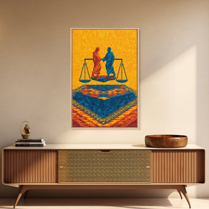 Balanced Figures On Blue Rug Wall Art, African Inspired Justice Painting, Cultural Wall Decor, Bold Afrocentric Canvas Print