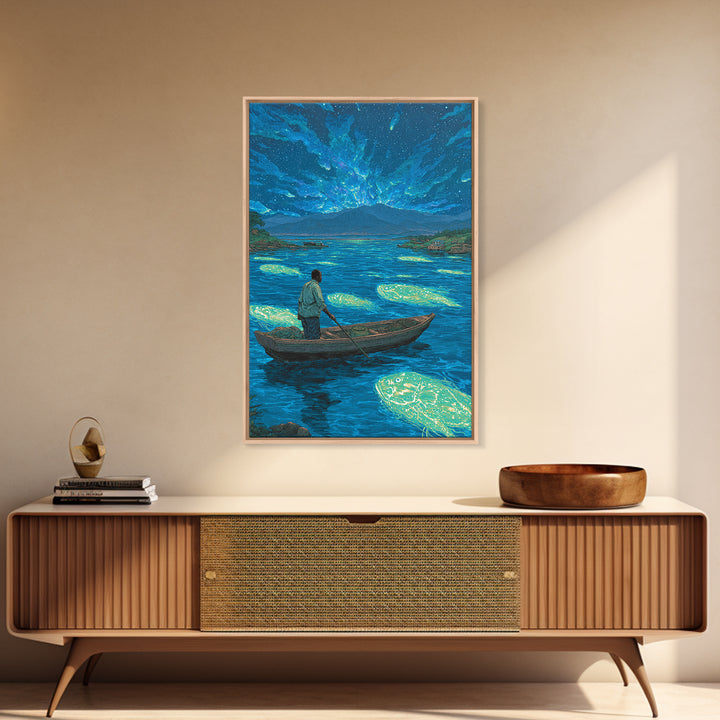 Starlit Fisherman On Glowing Blue Lake Canvas Print, African Landscape Wall Art, Dreamy Nature Scene, Unique Home Decor Gift