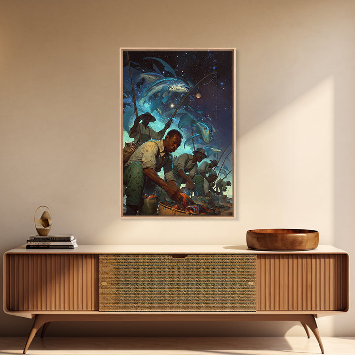Cosmic Fishermen Under Giant Flying Fish Wall Art, African Safari Art Print, Black Men Portrait, Fantasy Coastal Decor Gift