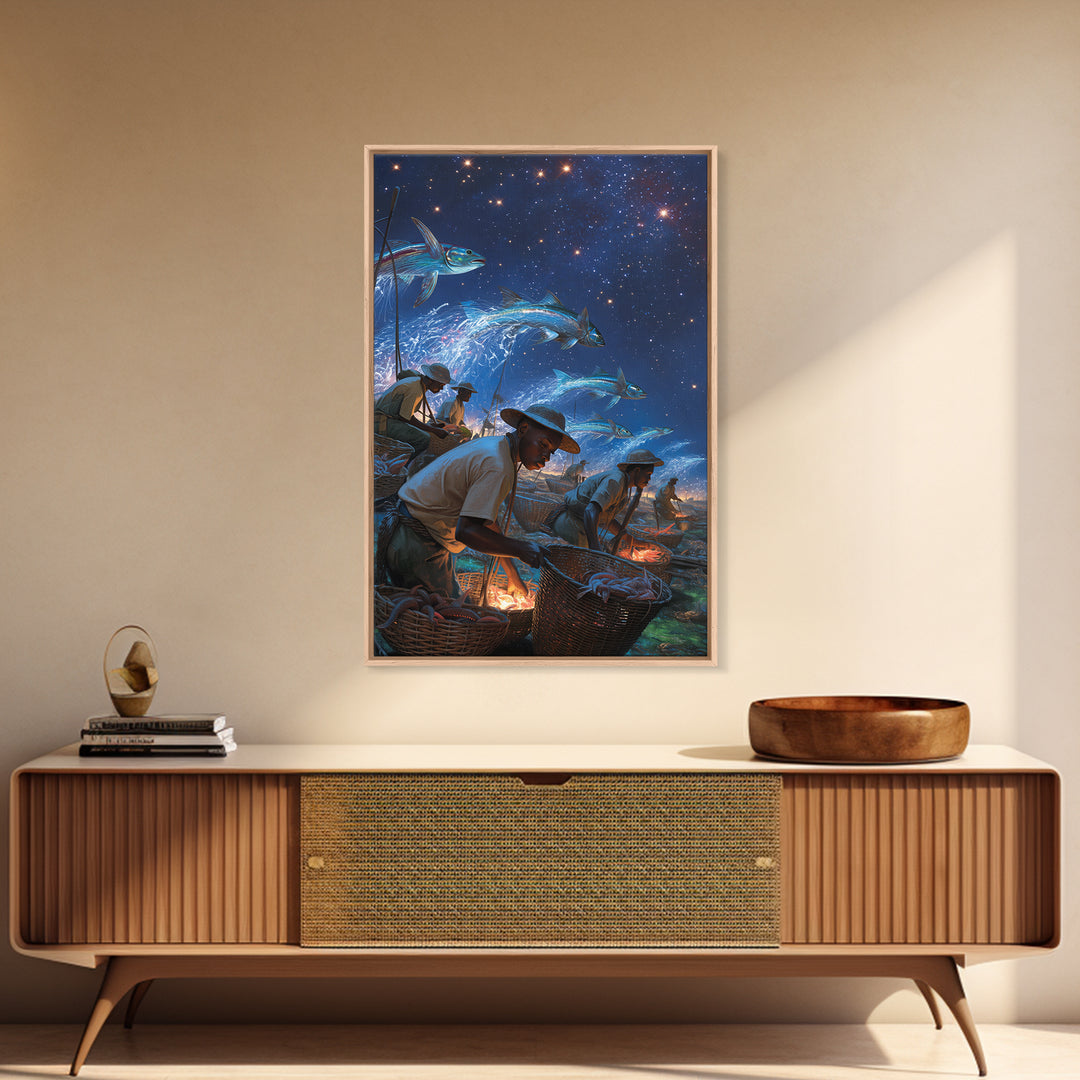 Starry Night Fishermen With Baskets Canvas Print, African Wall Art, Black Men Coastal Scene, Magical Fish Ocean Decor Gift