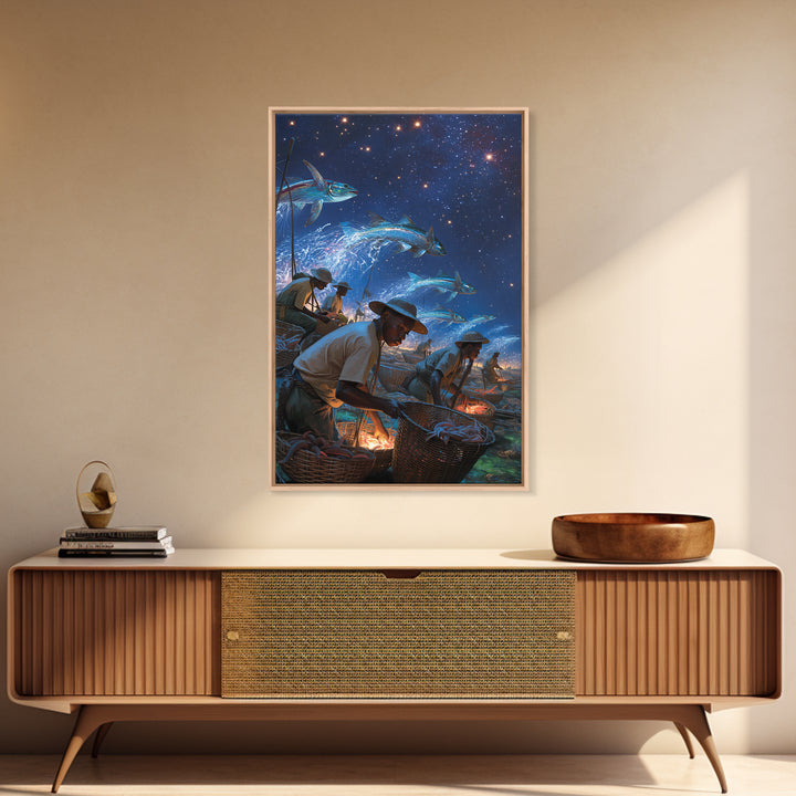 Starry Night Fishermen With Baskets Canvas Print, African Wall Art, Black Men Coastal Scene, Magical Fish Ocean Decor Gift
