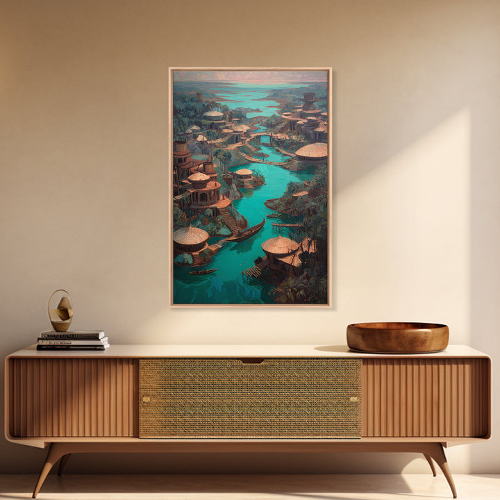 Turquoise River Village With Round Huts Wall Art, African Landscape Canvas Print, Jungle African Decor, Unique Living Room Art